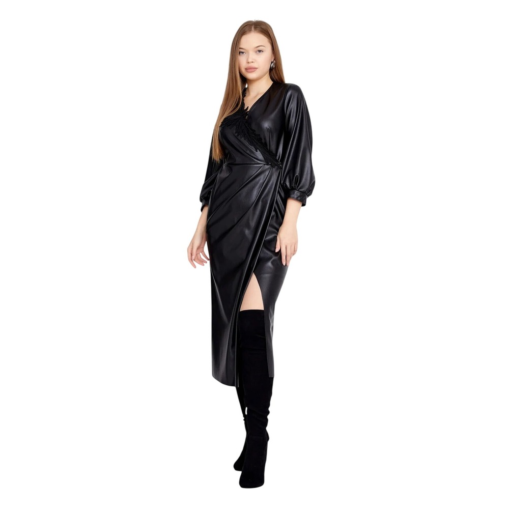 Black Faux Leather Wrap Midi Dress European Made Vegan Leather Puff Sleeve
